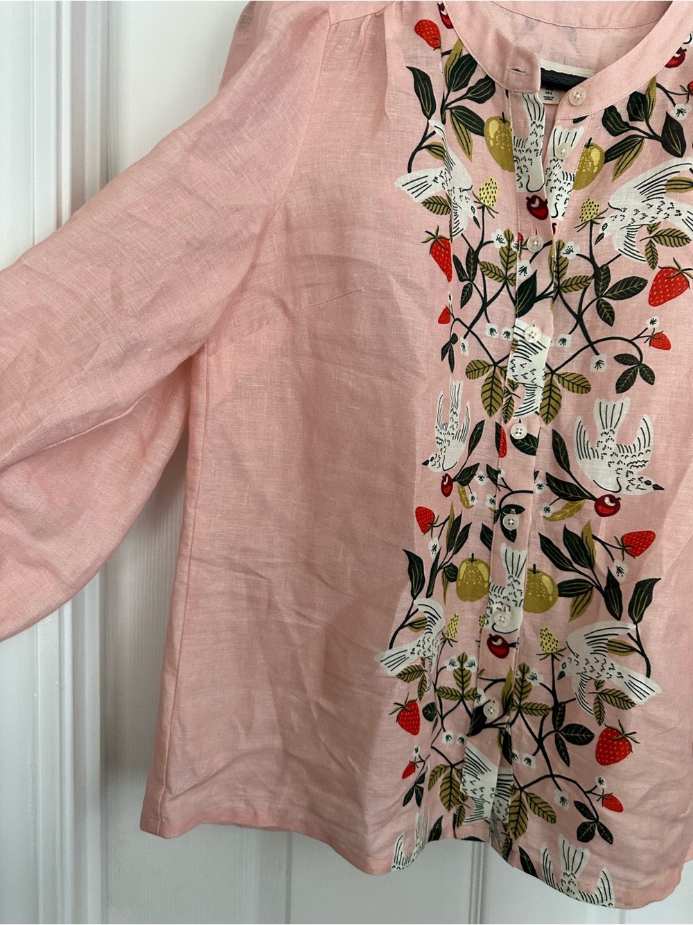 Boden Alicia Linen Top Pink Bird Strawberry Print | US 8 - Picture 7 of 11